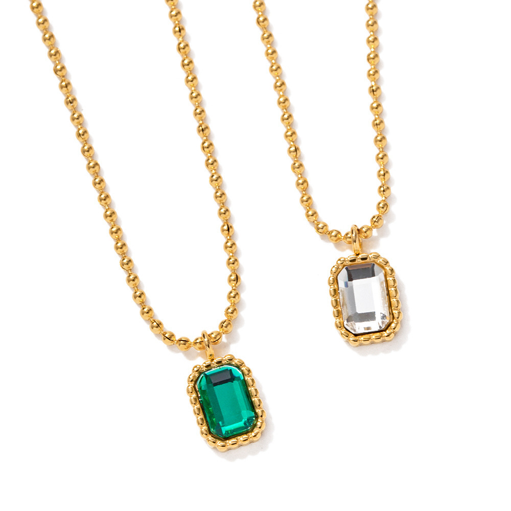 Aretas 2023 New Design Simple Jewelry Wholesale Stainless Steel Beaded Chain Square Emerald Zircon Pendant Necklace For Women