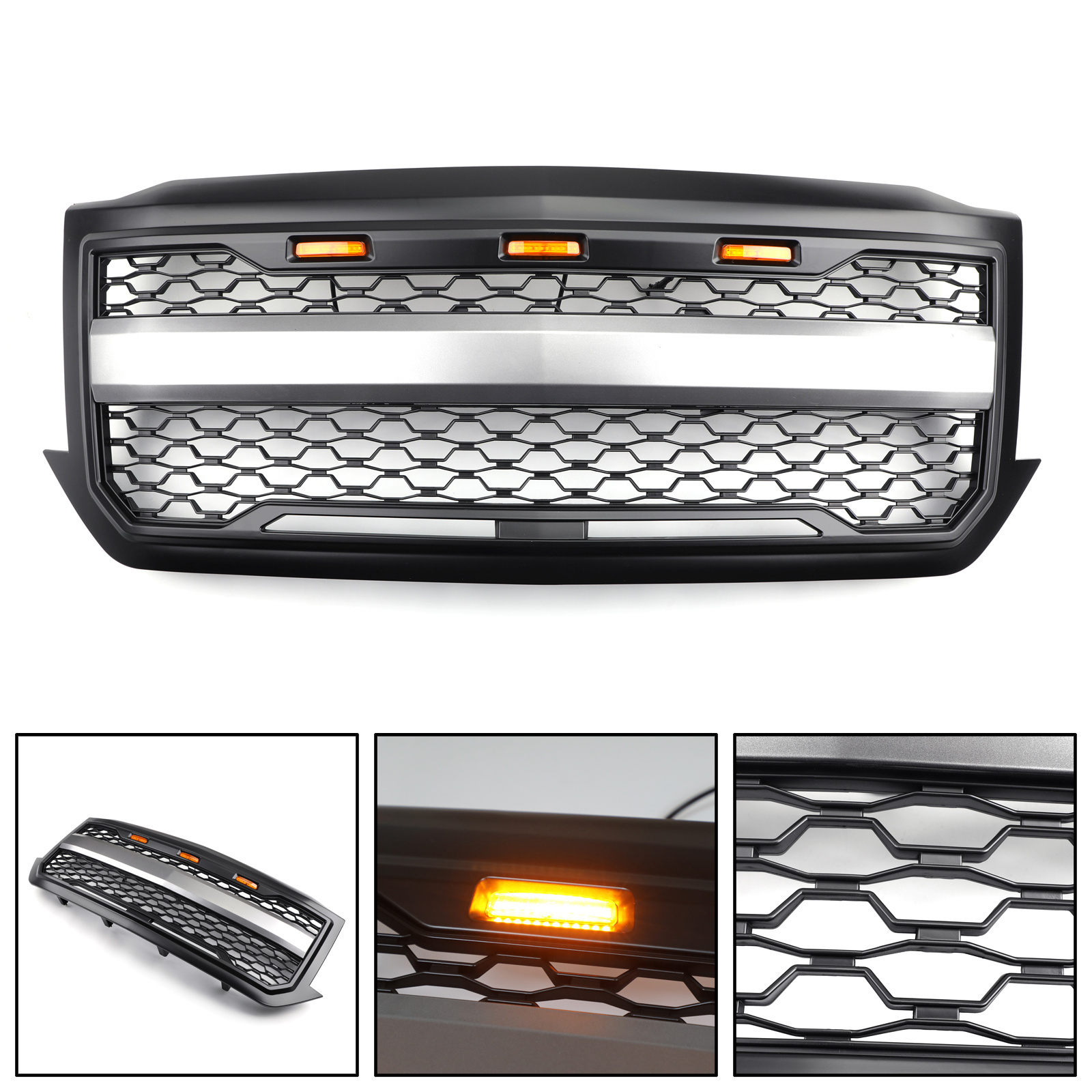 Areyourshop Front Grille Grill With Amber Lights Fit For Chevrolet Silverado 1500  2016 2017 2018 With Logo