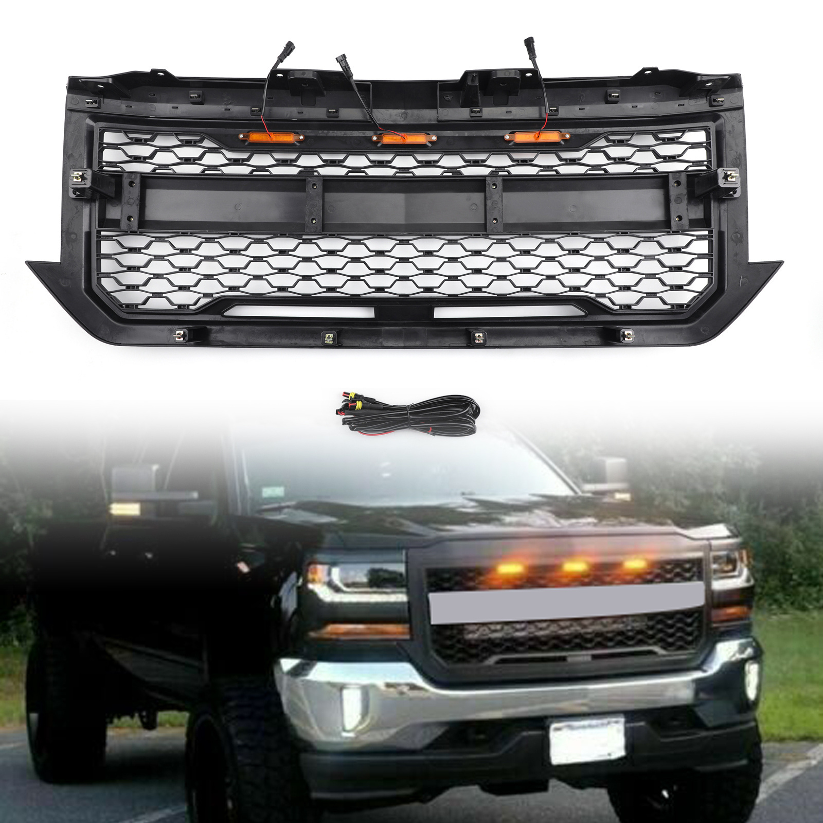 Areyourshop Front Grille Grill With Amber Lights Fit For Chevrolet Silverado 1500  2016 2017 2018 With Logo