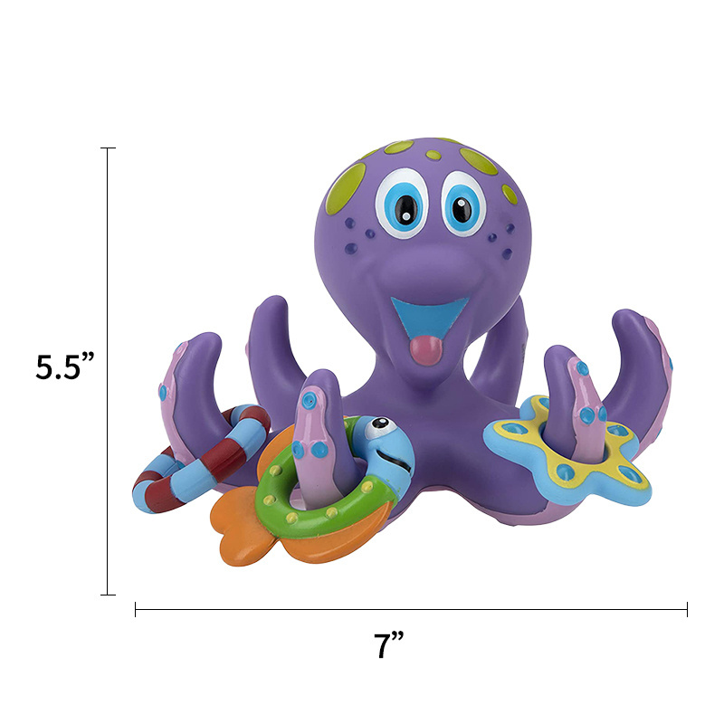 Hot Selling Rubber Baby Bath Toys Interactive Bath Toy Floating Purple Octopus with 3 Hoopla Rings