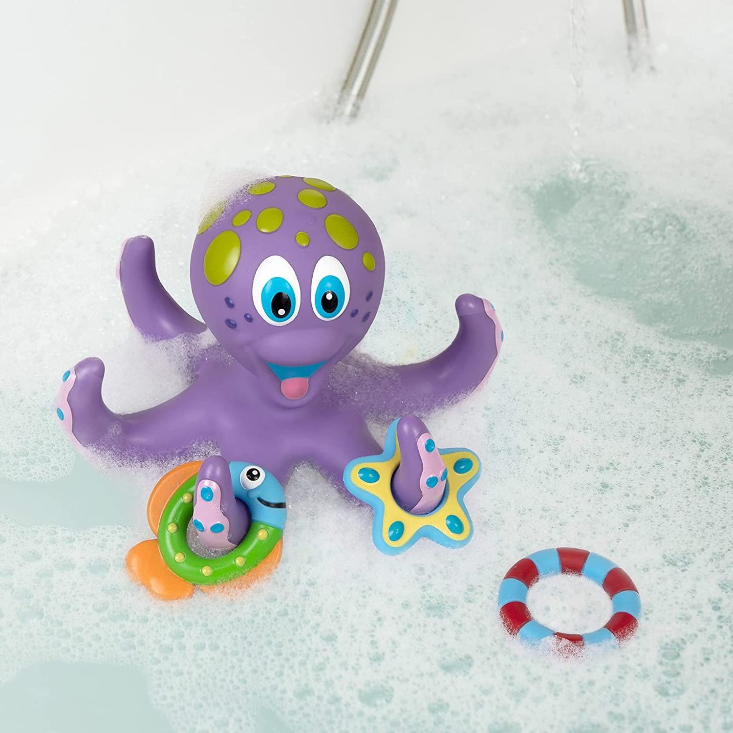 Hot Selling Rubber Baby Bath Toys Interactive Bath Toy Floating Purple Octopus with 3 Hoopla Rings