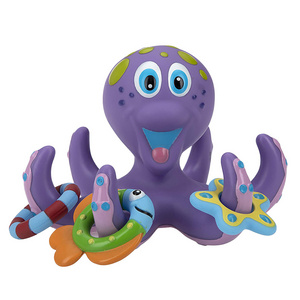 Hot Selling Rubber Baby Bath Toys Interactive Bath Toy Floating Purple Octopus with 3 Hoopla Rings