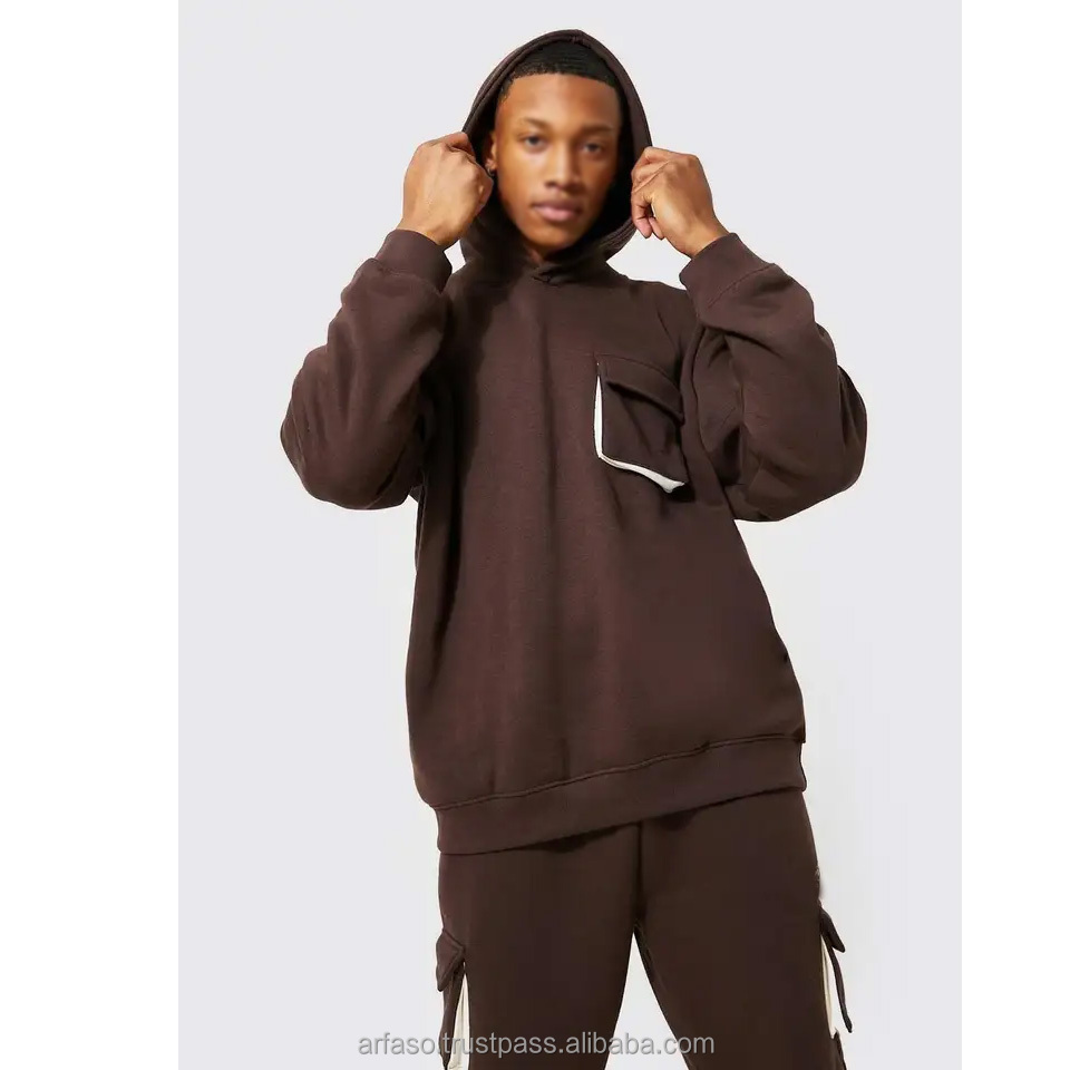 Custom Logo Cargo Tracksuit With Pocket Plain Pullover Hoodies And Sweat Pants Set Mens Streetwear Sweatsuit