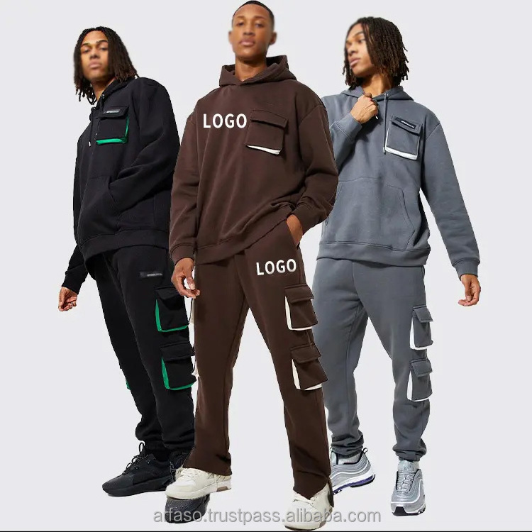 Custom Logo Cargo Tracksuit With Pocket Plain Pullover Hoodies And Sweat Pants Set Mens Streetwear Sweatsuit