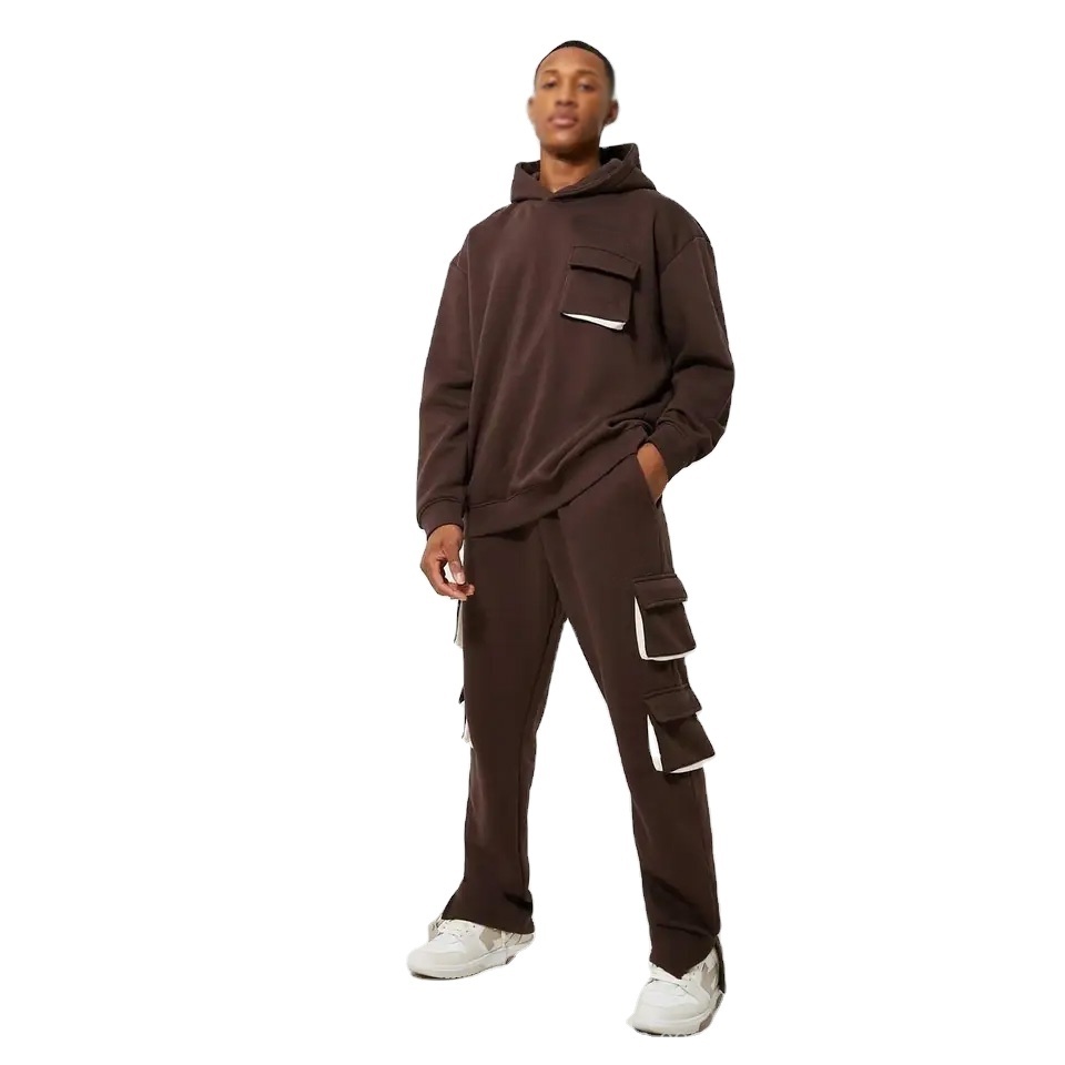 Custom Logo Cargo Tracksuit With Pocket Plain Pullover Hoodies And Sweat Pants Set Mens Streetwear Sweatsuit