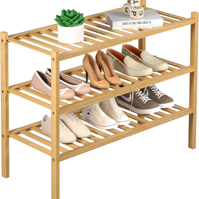 Closet Free Standing Wood Shoe Shelf Storage Organizer for Entryway Small Space 3 Tier Bamboo Shoe Rack