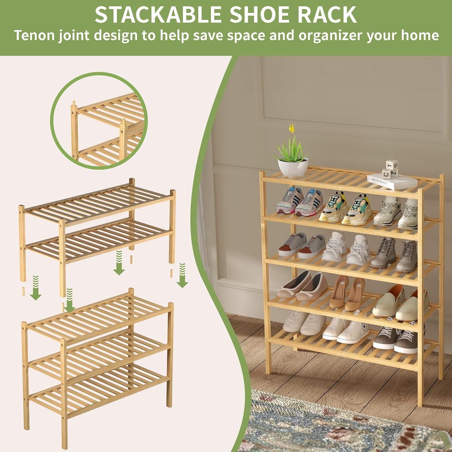 Closet Free Standing Wood Shoe Shelf Storage Organizer for Entryway Small Space 3 Tier Bamboo Shoe Rack