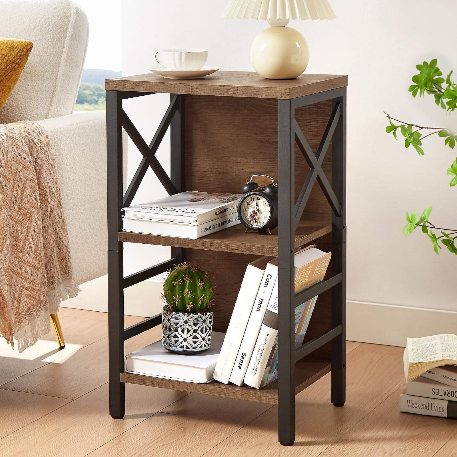 Industrial 3 Tier Bookshelf, Rustic Wood and Metal Bookcase FreeStanding Storage Small Bookcase metal storage rack