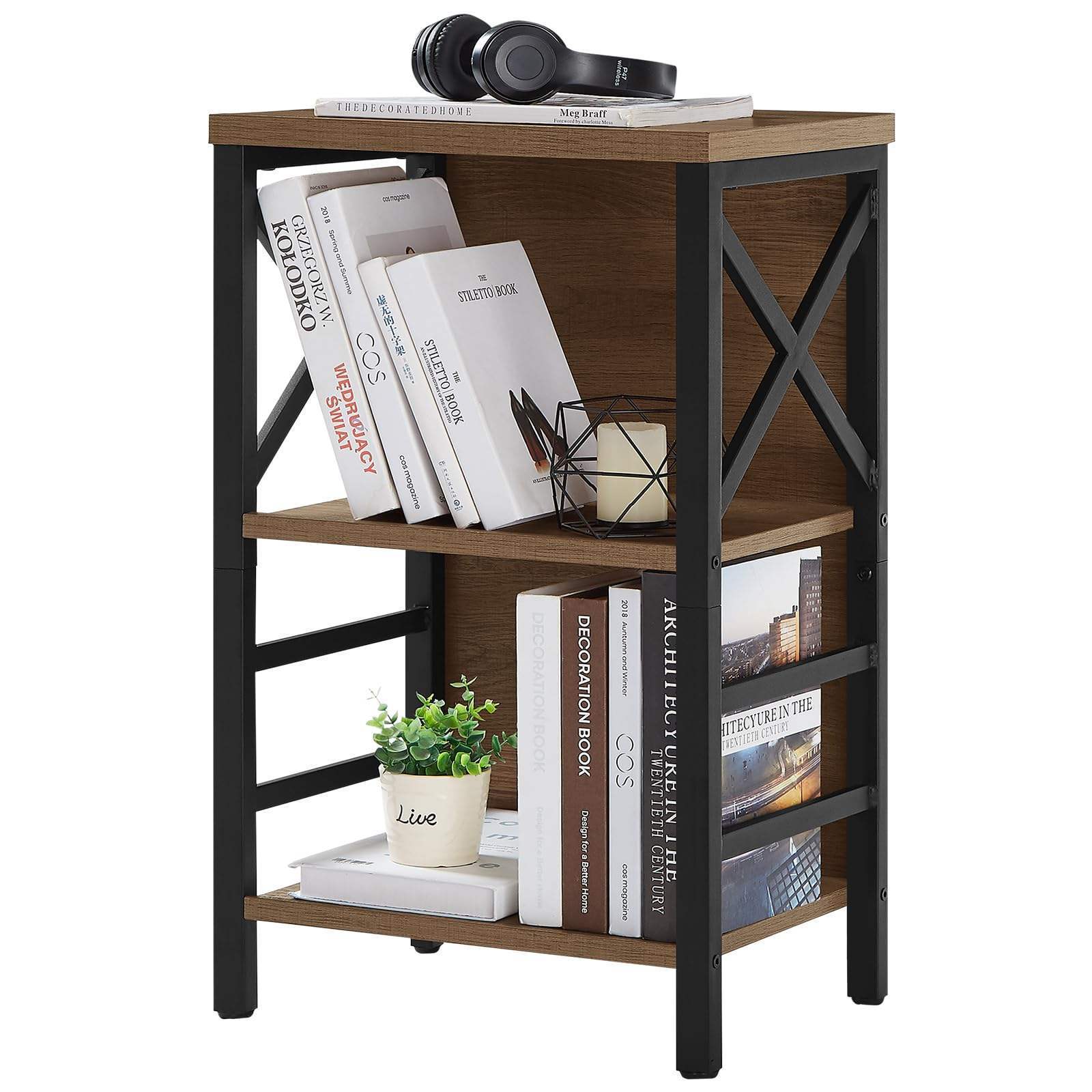 Industrial 3 Tier Bookshelf, Rustic Wood and Metal Bookcase FreeStanding Storage Small Bookcase metal storage rack