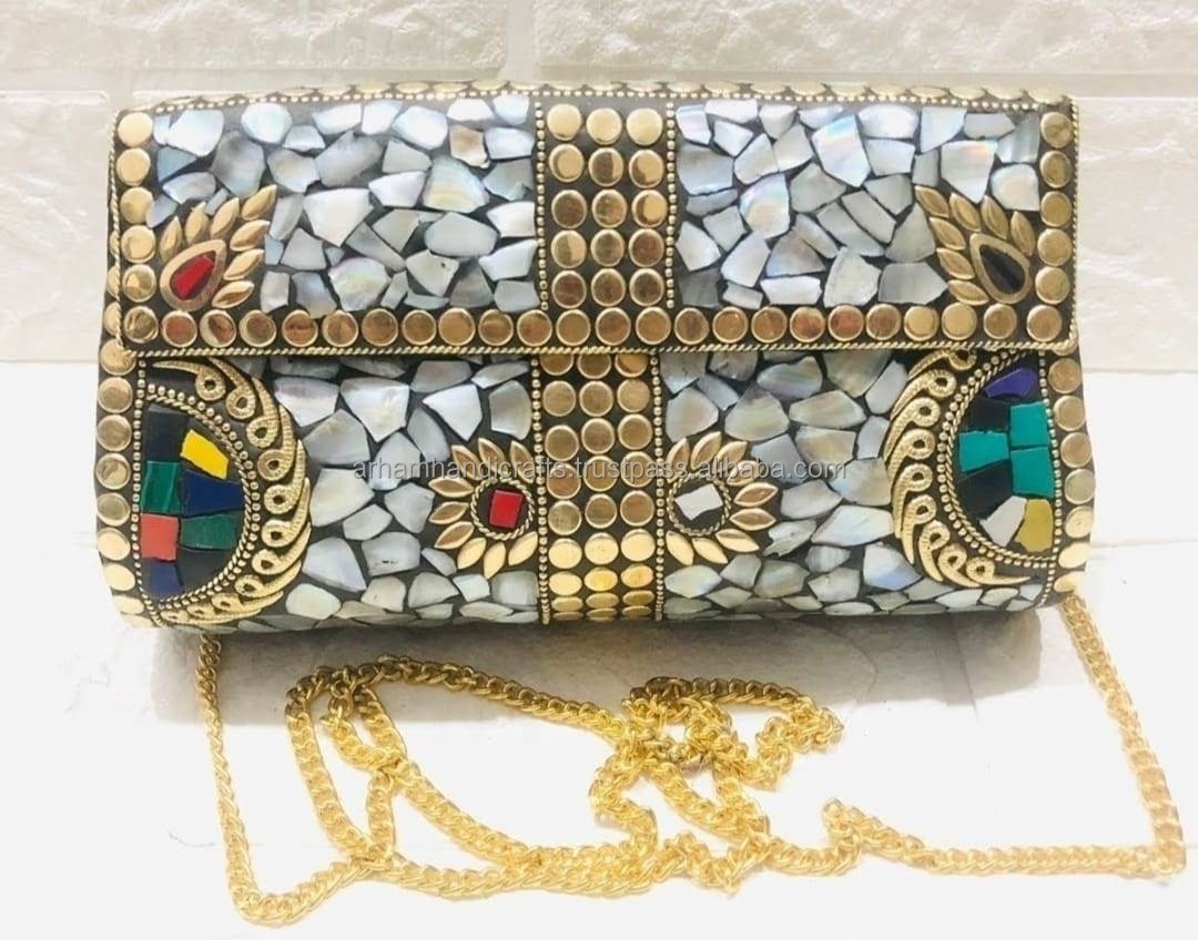 Golden Beaded Multi colored Metal Clutch Bag - Metal BOX Purse Best Ethnic Colorful bridal bag at low price by LUXURY CRAFTS