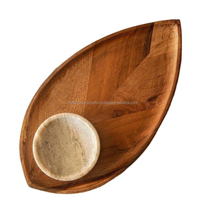 100% natural acacia wooden Designer leaves shape Wooden food coffee Serving Tray Handle at affordable price by LUXURY CRAFTS