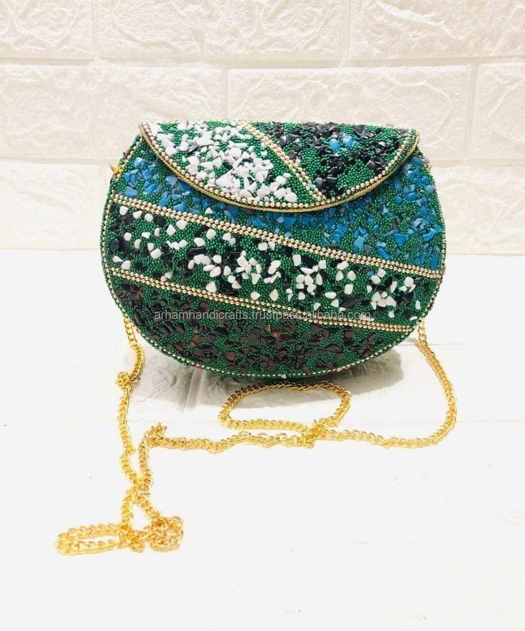 Golden Beaded Multi colored Metal Clutch Bag - Metal BOX Purse Best Ethnic Colorful bridal bag at low price by LUXURY CRAFTS