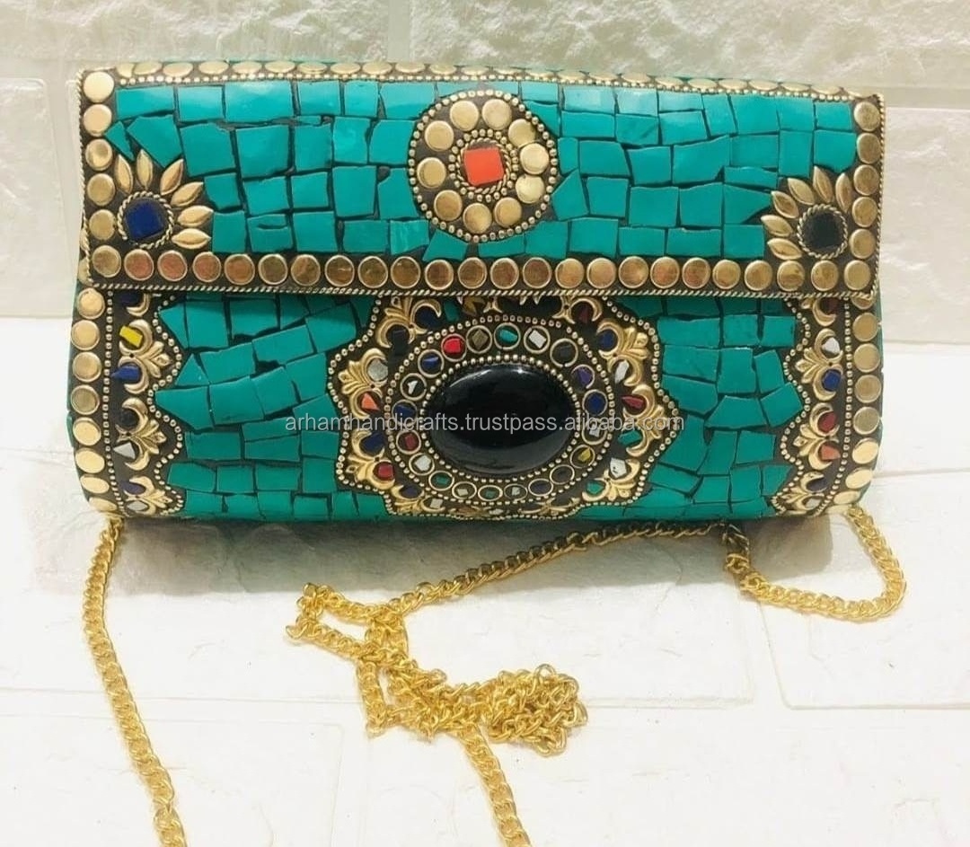 Golden Beaded Multi colored Metal Clutch Bag - Metal BOX Purse Best Ethnic Colorful bridal bag at low price by LUXURY CRAFTS