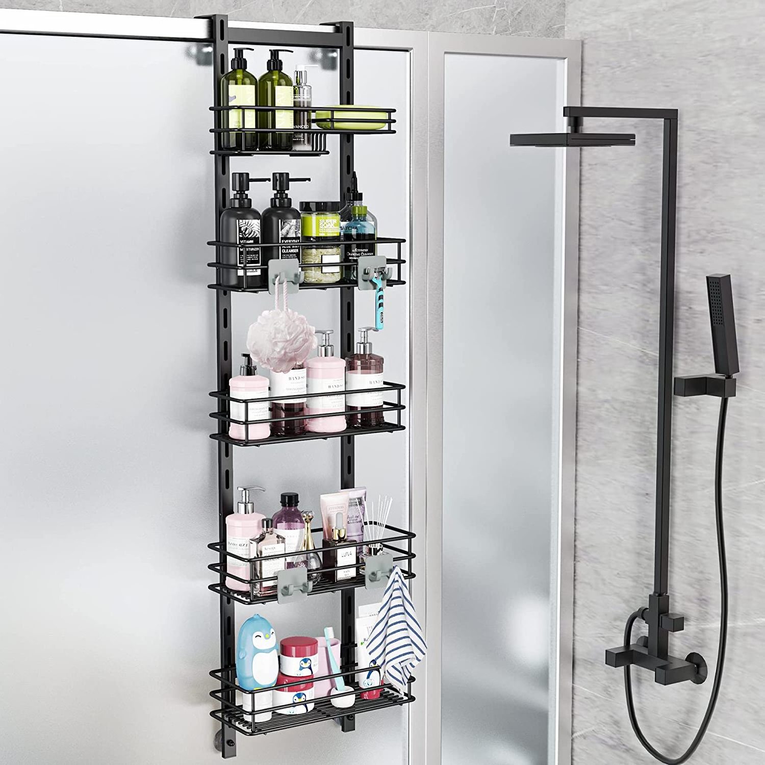 Extra Large Capacity 5 Tier Shower Caddy Over The Door With Hooks Bathroom Kitchen Pantry Organizer Rack Shelves