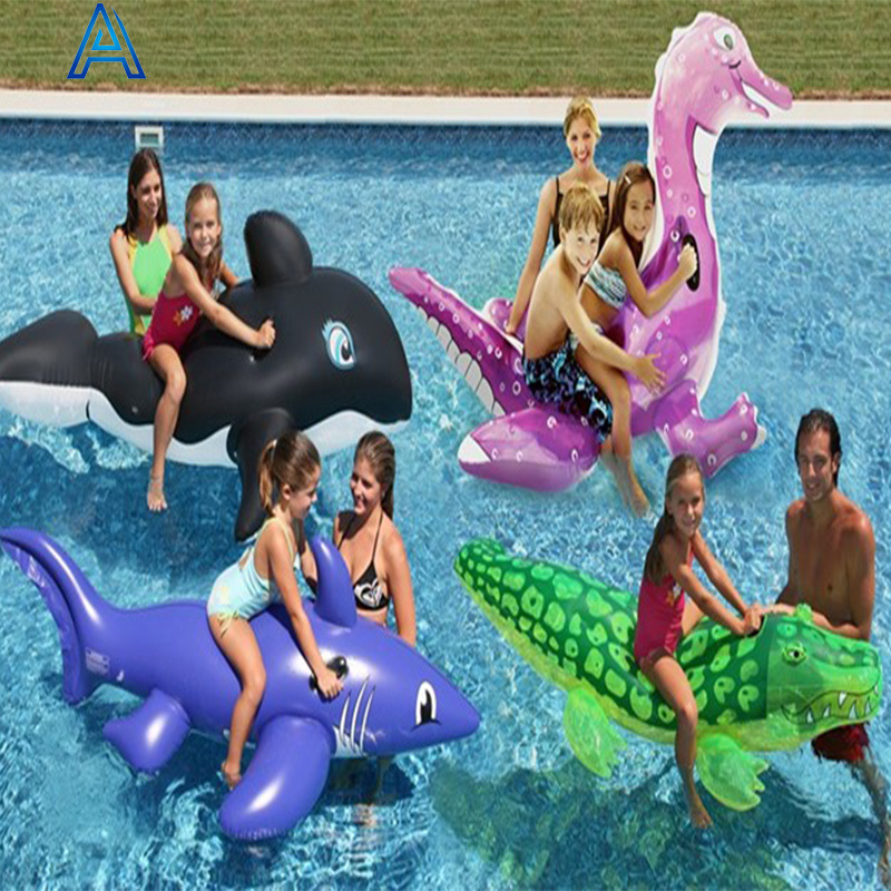 Factory OEM customize size shape printing PVC inflatable crocodile shark whale fish ride on toy for pool float