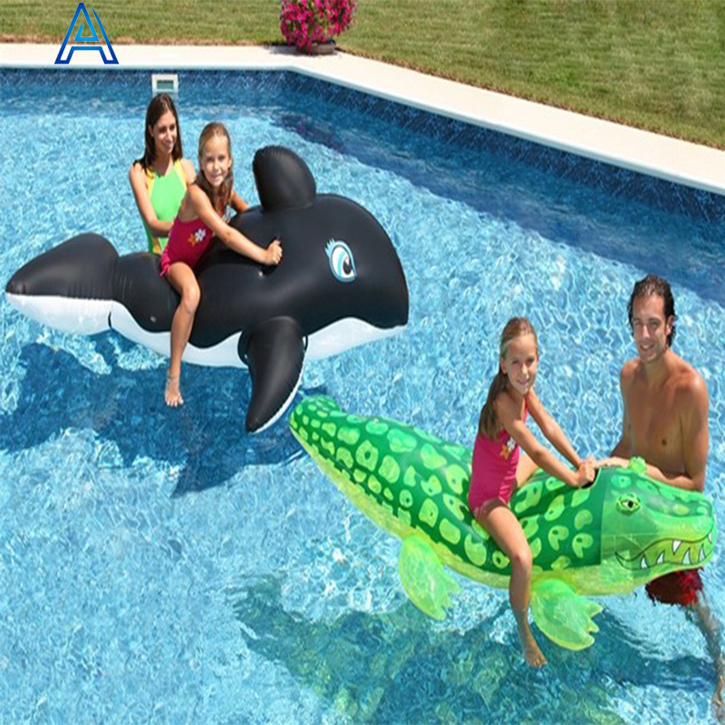 Factory OEM customize size shape printing PVC inflatable crocodile shark whale fish ride on toy for pool float