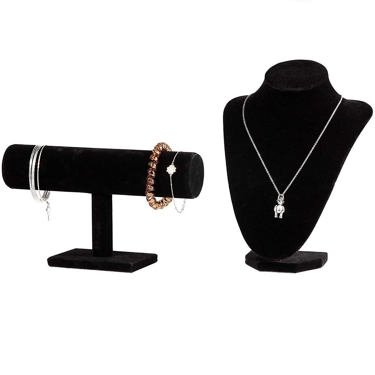 2 Piece Jewelry Displays Set T-Bar Tower Stand for Bracelets & Watches; Mannequin Bust Stand for Necklaces & Chokers