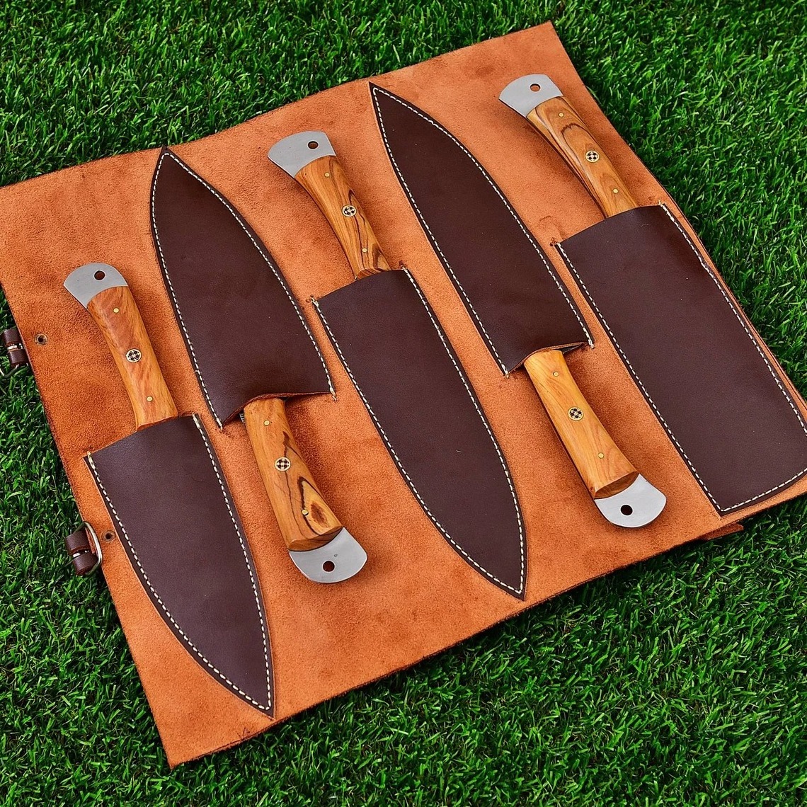 High Quality Hand made Damascus steel Chef knife set Custom Handmade Chef Knives Set With leather Roll Whole sale