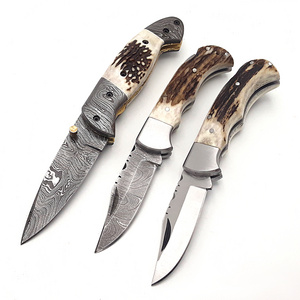 Custom Handmade Damascus Steel Folding knife Pocket knife With Stag horn handle Inner lock, whole sale, 3 Different designs