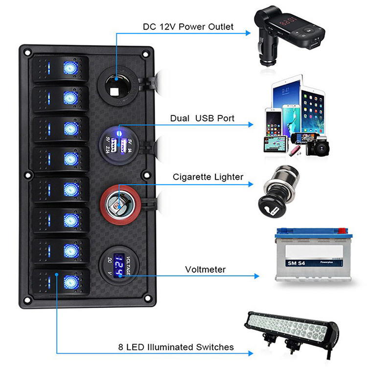 8 Position Gang Combination Switch Panel Rocker Switch Panel For Car Boat ATV UTV Camper Caravans Travel Trailer