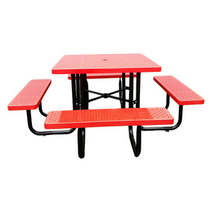 outdoor square perforated steel picnic table with bench garden set patio commercial heavy duty metal dining table and chair