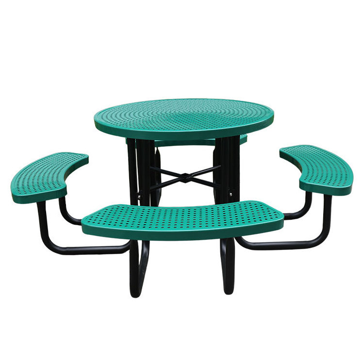 outdoor public commercial round 8 seater perforated steel picnic table restaurant metal event table and chair with umbrella