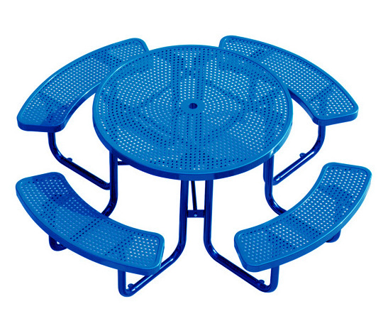 outdoor public commercial round 8 seater perforated steel picnic table restaurant metal event table and chair with umbrella