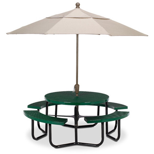 outdoor public commercial round 8 seater perforated steel picnic table restaurant metal event table and chair with umbrella