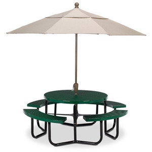 outdoor public commercial round 8 seater perforated steel picnic table restaurant metal event table and chair with umbrella