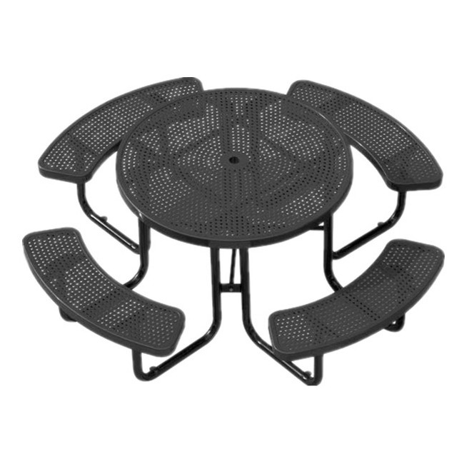 outdoor public commercial round 8 seater perforated steel picnic table restaurant metal event table and chair with umbrella