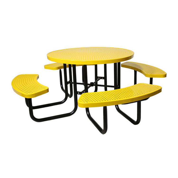 outdoor patio furniture perforated steel circle picnic table outside restaurant event dining set metal table chair with umbrella