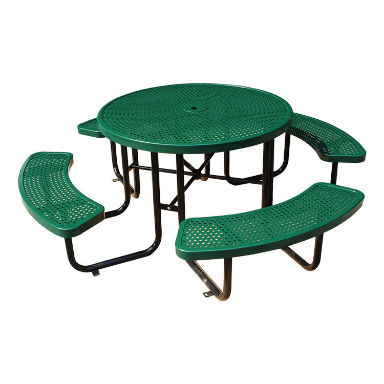 outdoor patio furniture perforated steel circle picnic table outside restaurant event dining set metal table chair with umbrella