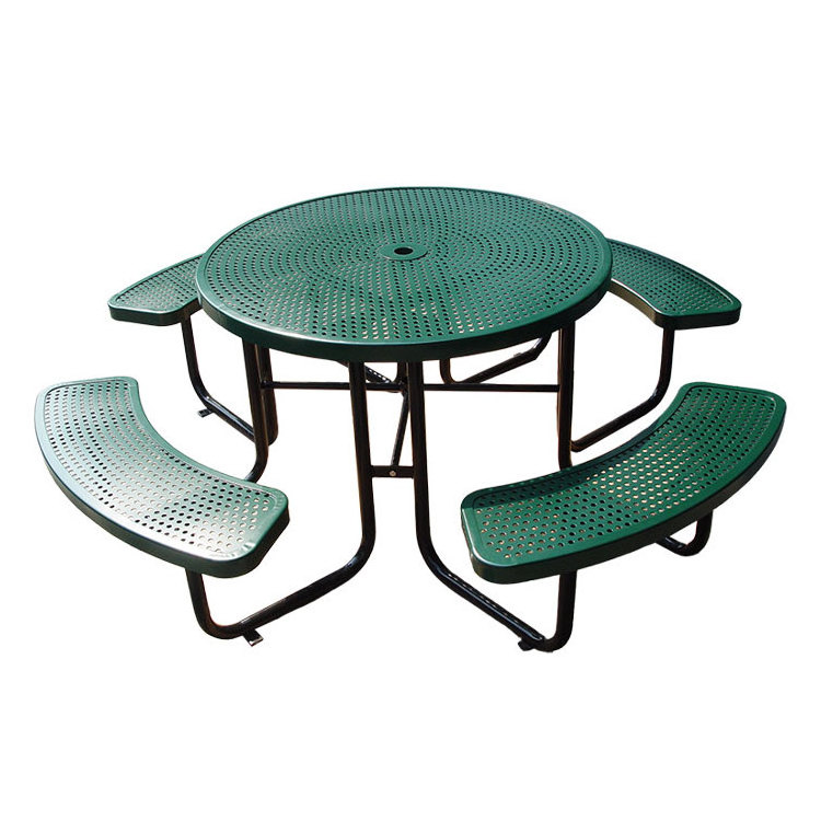 outdoor patio furniture perforated steel circle picnic table outside restaurant event dining set metal table chair with umbrella