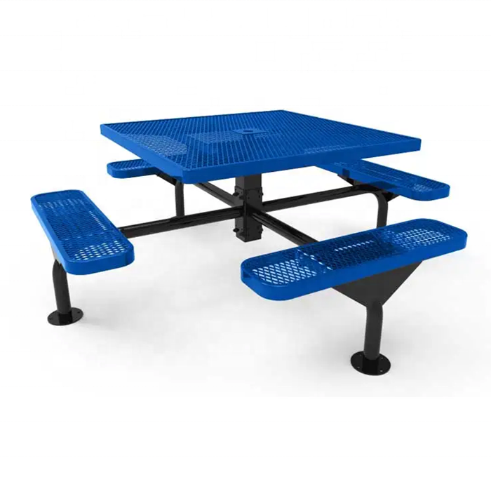 outdoor public commercial steel picnic table with bench seating restaurant outside metal table and chair with umbrella hole