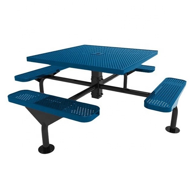 outdoor public commercial steel picnic table with bench seating restaurant outside metal table and chair with umbrella hole