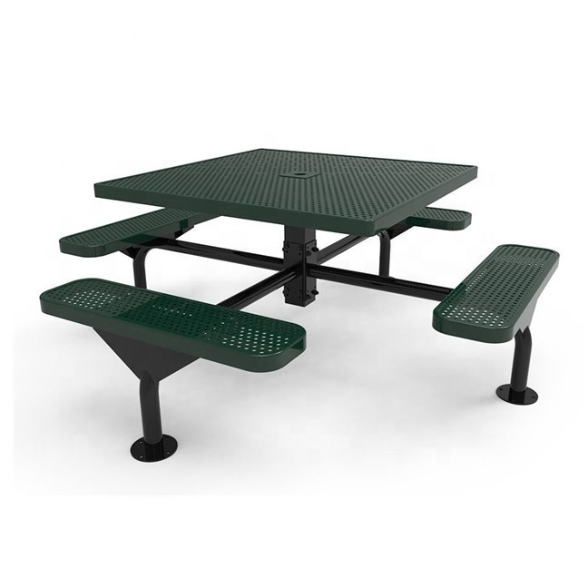 outdoor public commercial steel picnic table with bench seating restaurant outside metal table and chair with umbrella hole