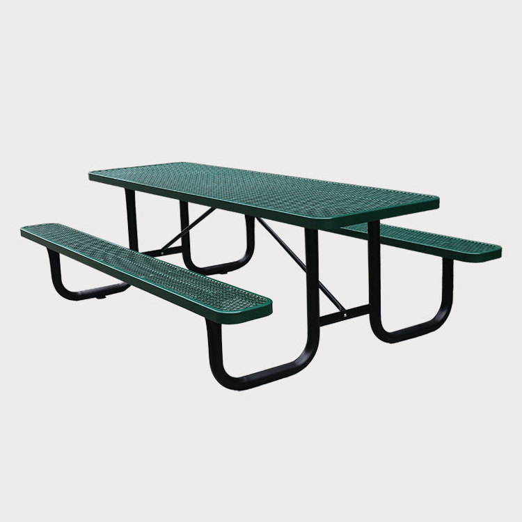 outdoor public commercial steel picnic table with bench seating restaurant outside metal table and chair with umbrella hole