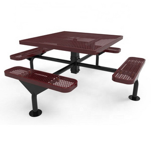 outdoor public commercial steel picnic table with bench seating restaurant outside metal table and chair with umbrella hole