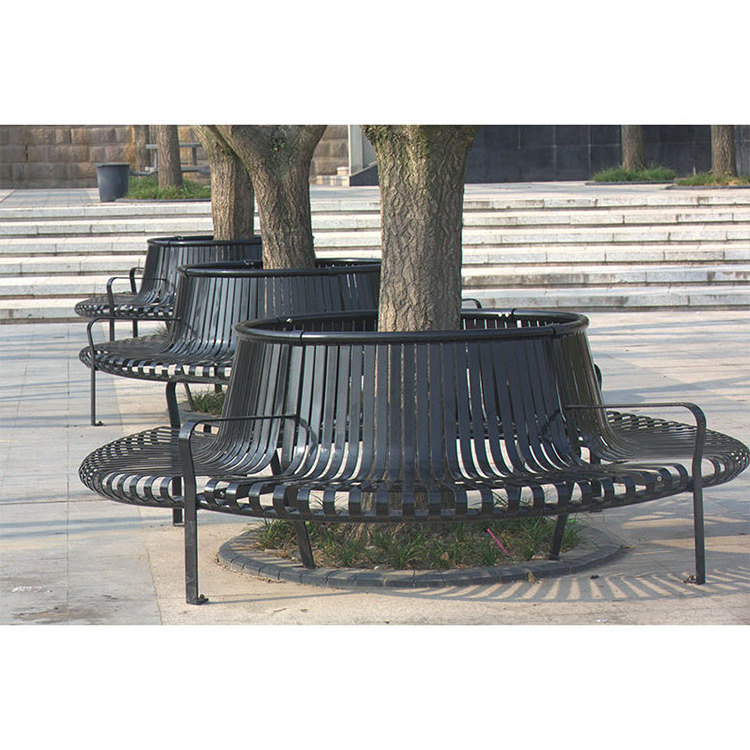 modern black circle flat steel outdoor garden commercial metal tree bench