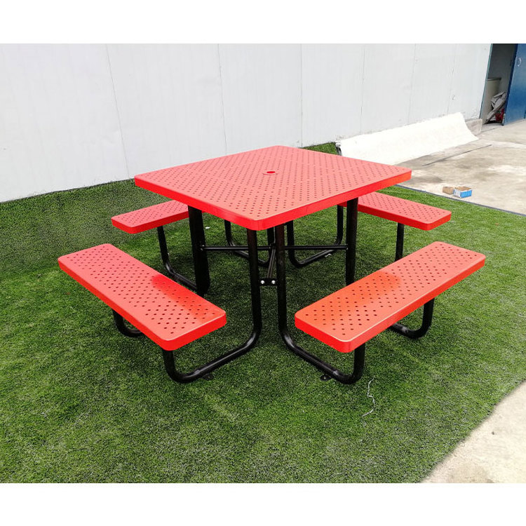 outdoor square perforated steel picnic table with bench garden set patio commercial heavy duty metal dining table and chair