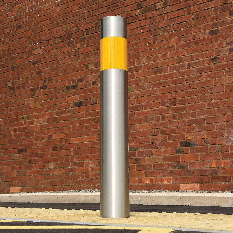 outdoor roadside metal road safety bollard outside car security posts highway pavement stainless steel traffic barrier