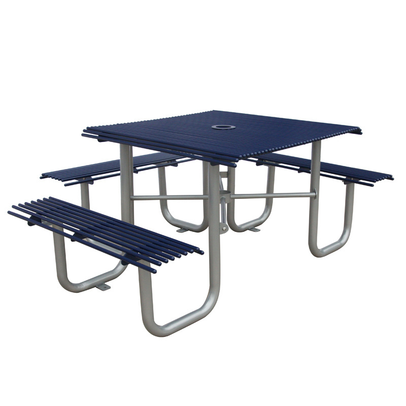 High quality stainless steel table and chair outdoor picnic table with Umbrella hole metal Restaurant dining table bench