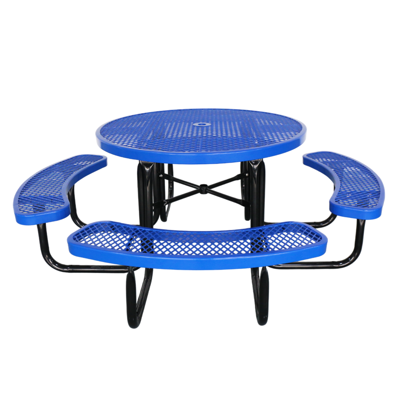 Outdoor Thermoplastic Steel Round Commercial Picnic Table Bench Restaurant Outside Furniture Metal Dining Table With Umbrella