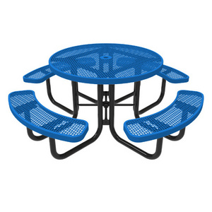 Outdoor Thermoplastic Steel Round Commercial Picnic Table Bench Restaurant Outside Furniture Metal Dining Table With Umbrella