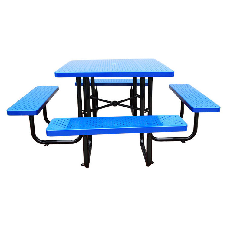 outdoor square perforated steel picnic table with bench garden set patio commercial heavy duty metal dining table and chair