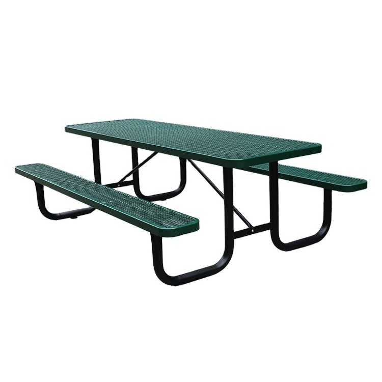 outdoor public commercial extra long steel rectangle picnic table with bench restaurant outside metal table and chair for event