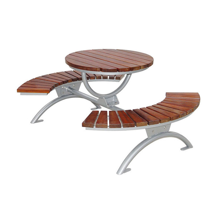 outdoor round wood picnic table with curved bench garden set patio commercial cafe tea table outside dining table and chair