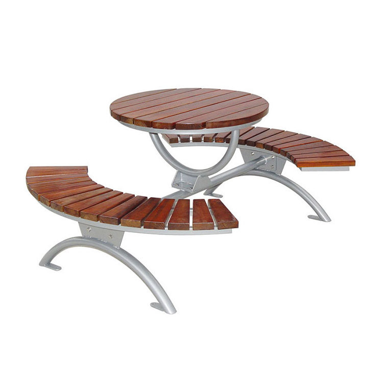 outdoor round wood picnic table with curved bench garden set patio commercial cafe tea table outside dining table and chair