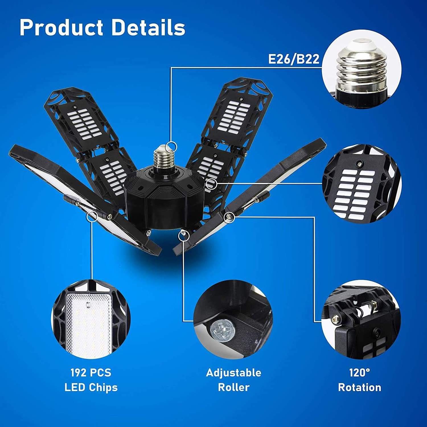 LED Garage Lights 4 Adjustable Panels 6000K Deformable LED Lighting E26/E27 LED Shop Lights for Work Shop