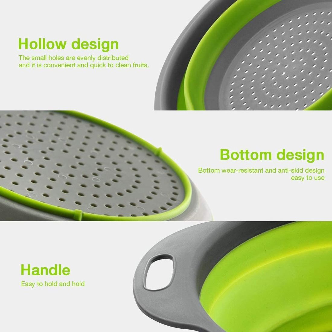 2Pcs/Set Silicone Collapsible Colander Strainer with Handle,Vegetable Fruit Washing Drain Basket